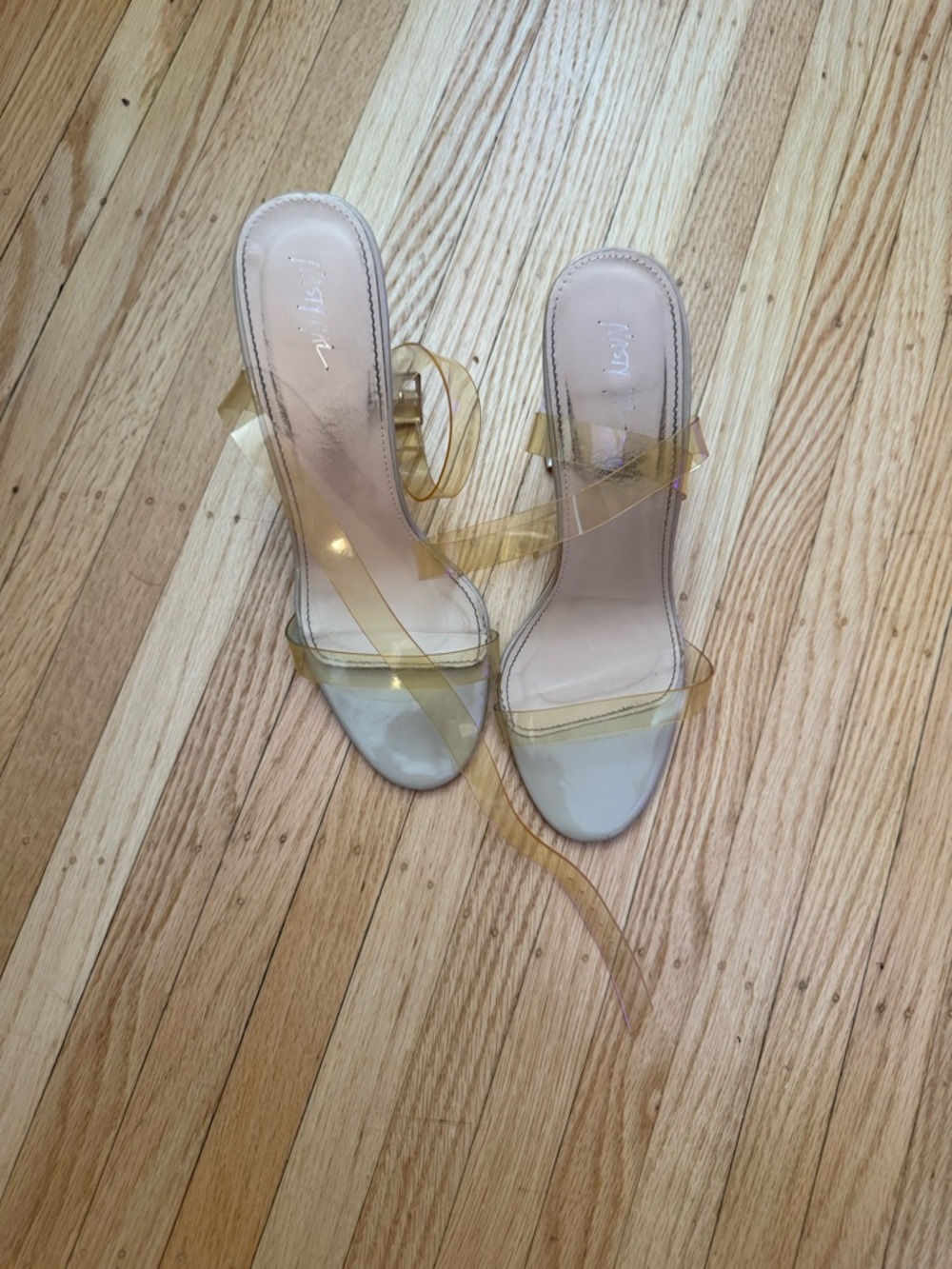 Nasty Gal Nude Slip-On Heels with Gold Clear Straps